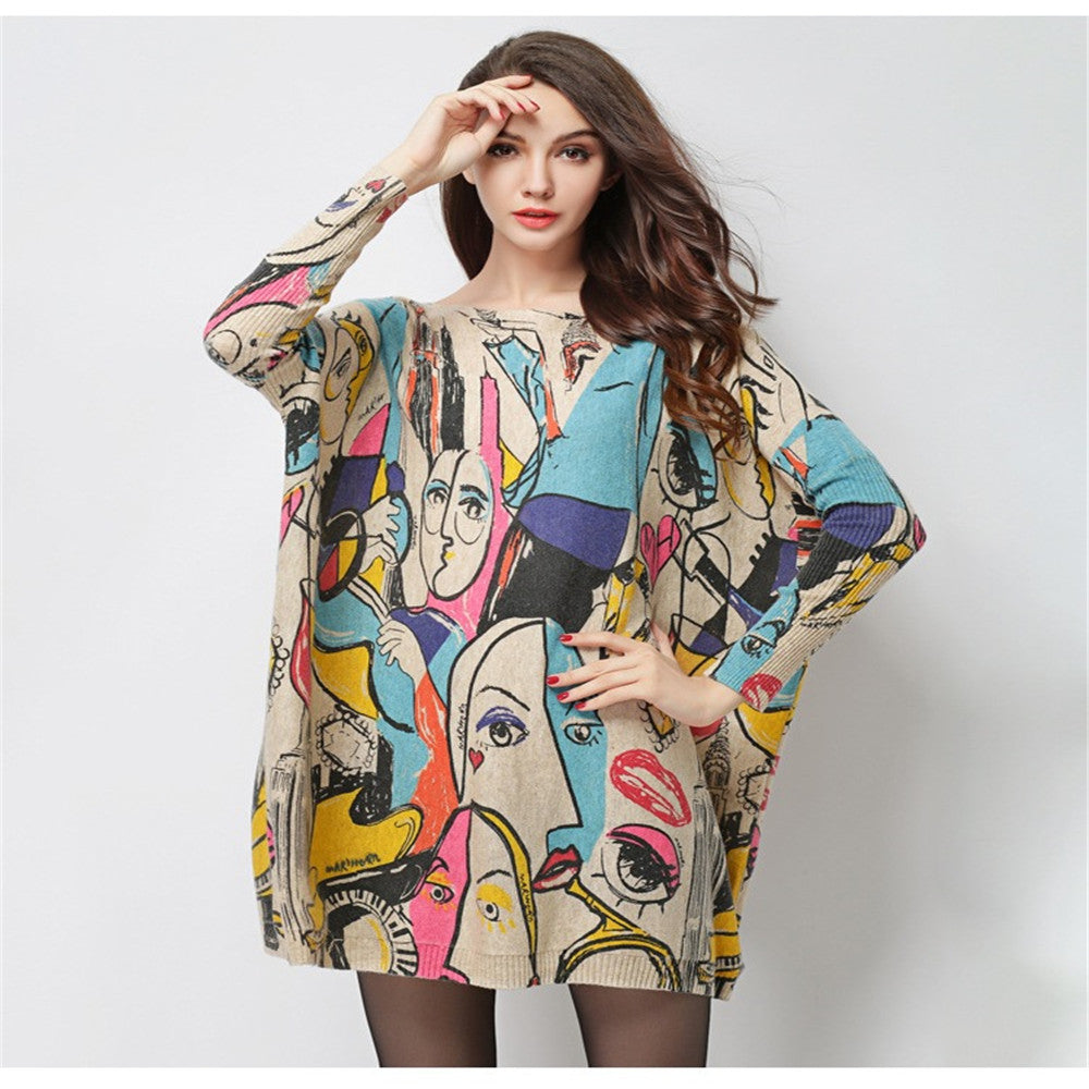 Oversized sweater women pullover top cartoon print plus size tops knitted sweaters wool blend pullovers fashion outwear HX11