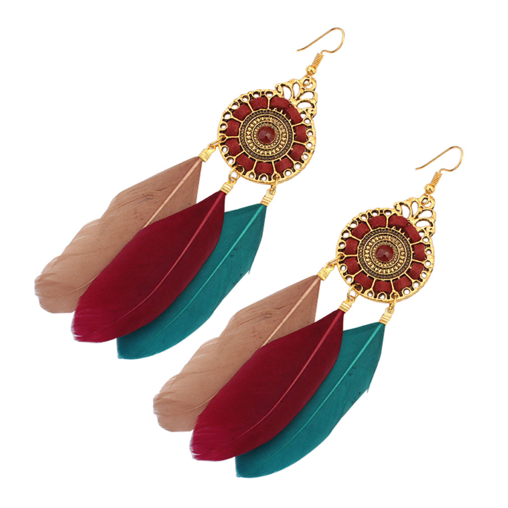 Vintage Women Long Feather Round Hollow Circle Hook Earrings Party Jewelry Gift