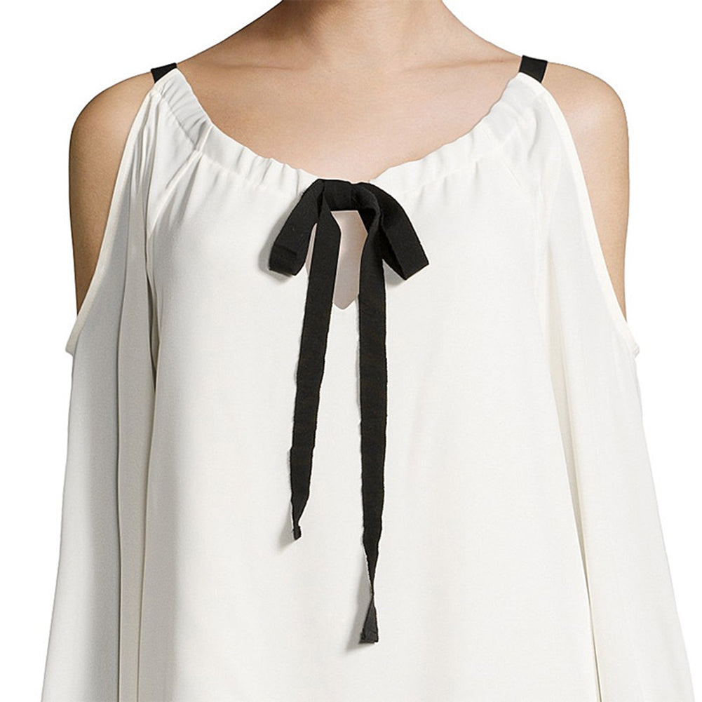Women Bowknot Bandage Off Shoulder Long Sleeve Sexy Chiffon T-Shirt Top Blouse