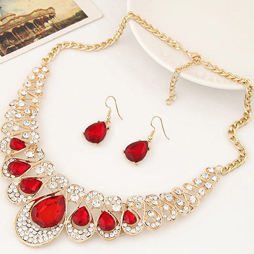Women Fashion Rhinestone Waterdrop Pendant Necklace Shiny Earrings Jewelry Set