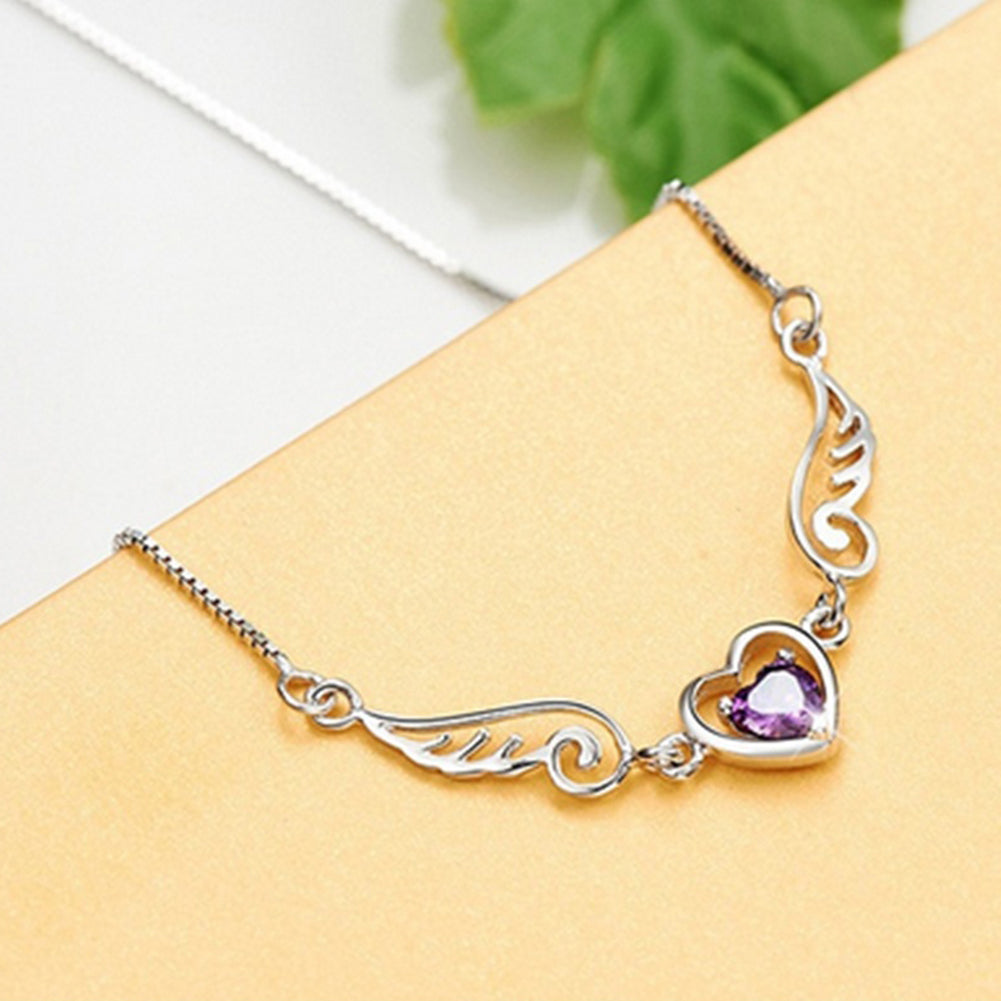 Women Fashion Angel Love Hollow Heart Shiny Rhinestone Wing Pendant Necklace