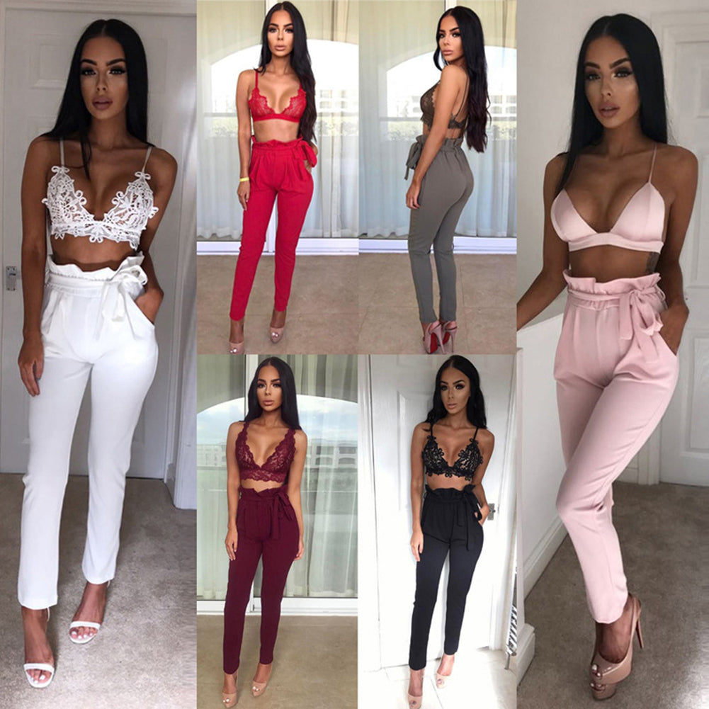 Women Casual Solid Color Trousers Waist Belt Ruffled Waist Long Pencil Pants