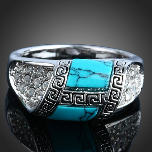 Turquoise Knurling Crystal Clear Rhinestone Ring 925 Sterling Silver