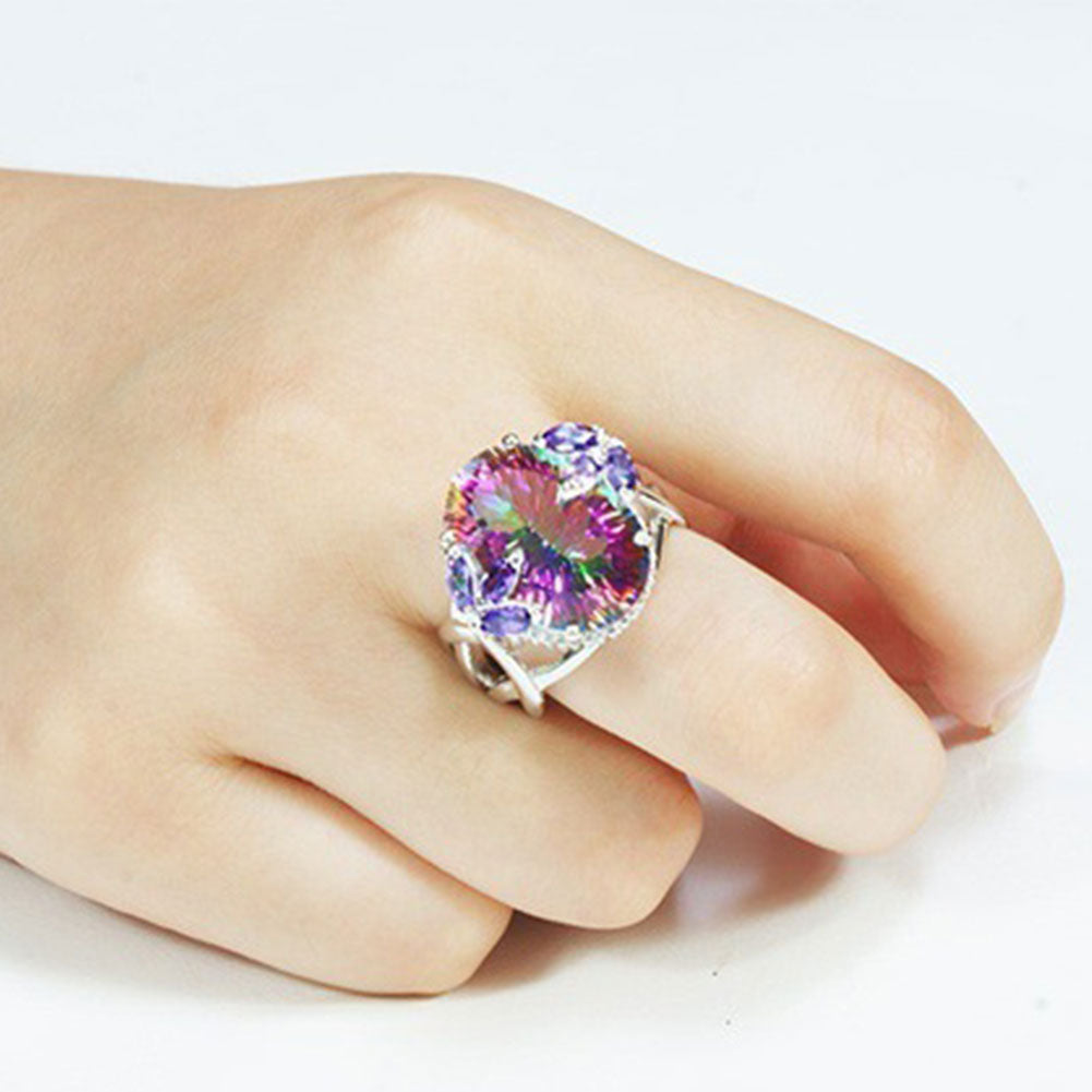 Women Fashion Rainbow Cubic Zirconia Inlaid Princess Rings Jewelry Party Gifts