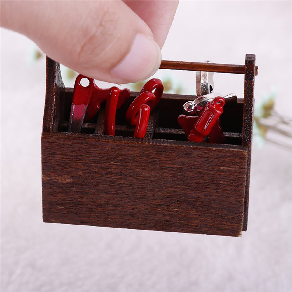 Miniature Wooden Box with Metal Tool Set Collection for 1/12 Dollhouse Decor