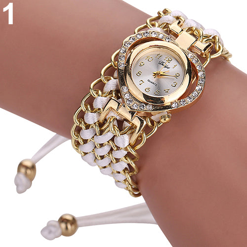 Women Fashion Love Heart Shiny Rhinestone Braid Band Analog Quartz Wrist Watch
