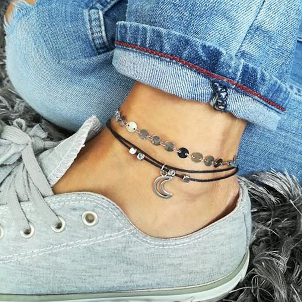2Pcs/Set Boho Moon Beaded Anklet Sequins Beach Summer Ankle Bracelet Foot Chain