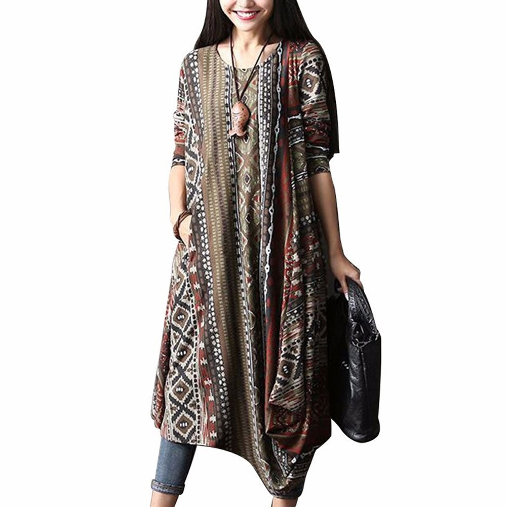 Retro Printed Round Neck Long Sleeve Irregular Women's Casual Loose Long Dress