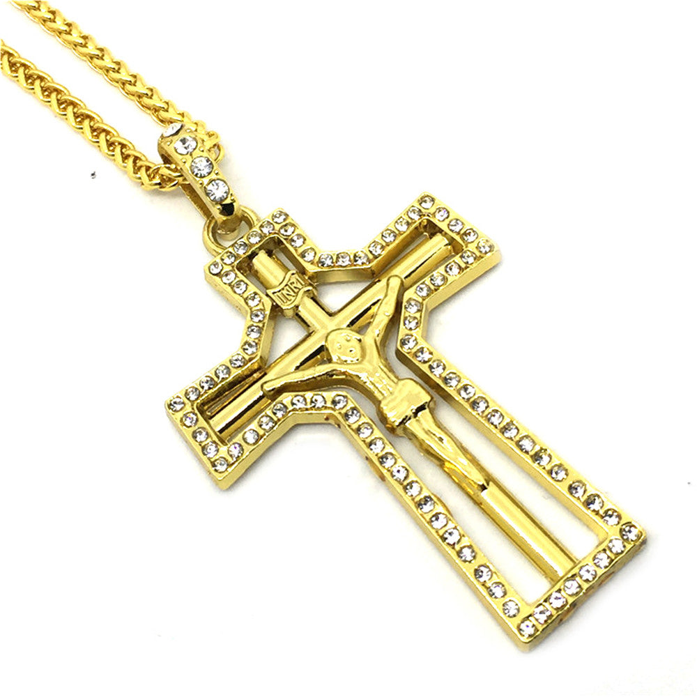 N0107 Hollow Religon Cross Pendant Hip Hop Gold Plated Jesus Necklace Jewelry Crystal Style
