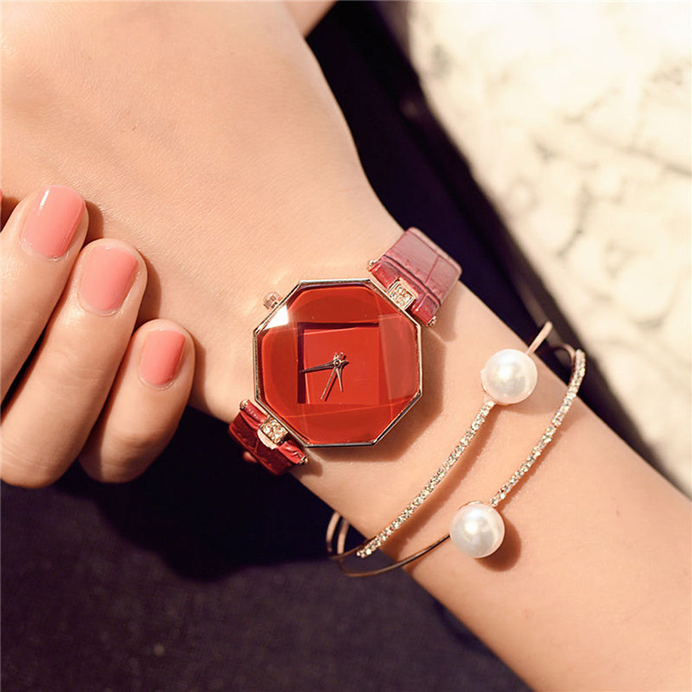 Women 's Fashion Faux Leather Band Analog Quartz Rhombic Case Wrist Watch Gift