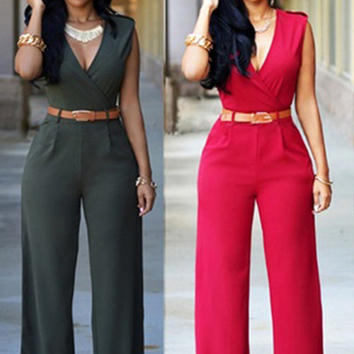 Women Fashion Elegant Jumpsuit Sexy V-neck Wide Leg Slim Casual Overalls with Belt