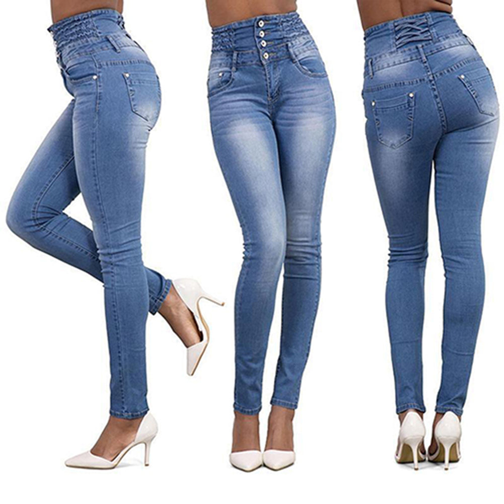 Women Fashion High Waist Slim Skinny Jeans Stretch Pencil Pants Denim Trousers