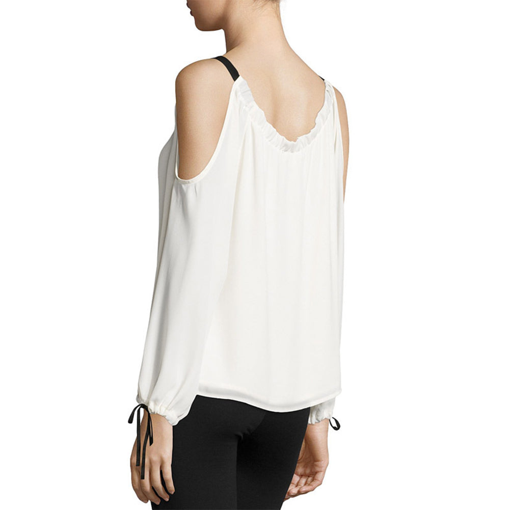 Women Bowknot Bandage Off Shoulder Long Sleeve Sexy Chiffon T-Shirt Top Blouse