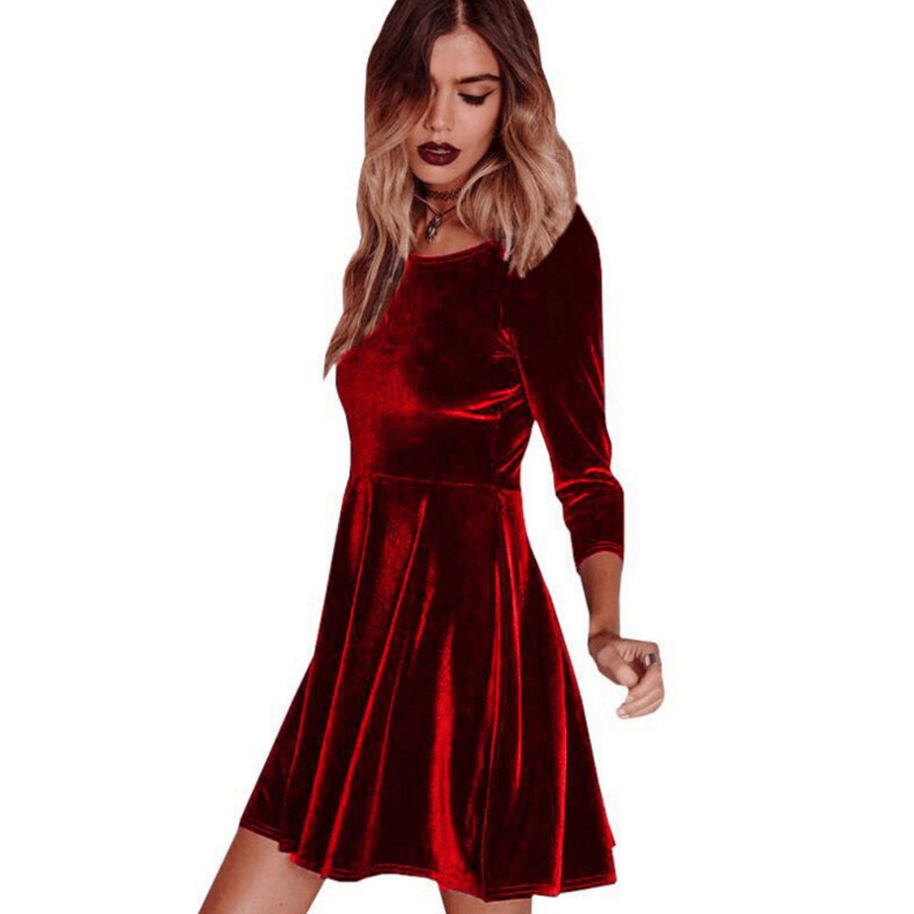 Winter Women Solid Color Long Sleeve Velvet Swing Party Evening Slim Mini Dress