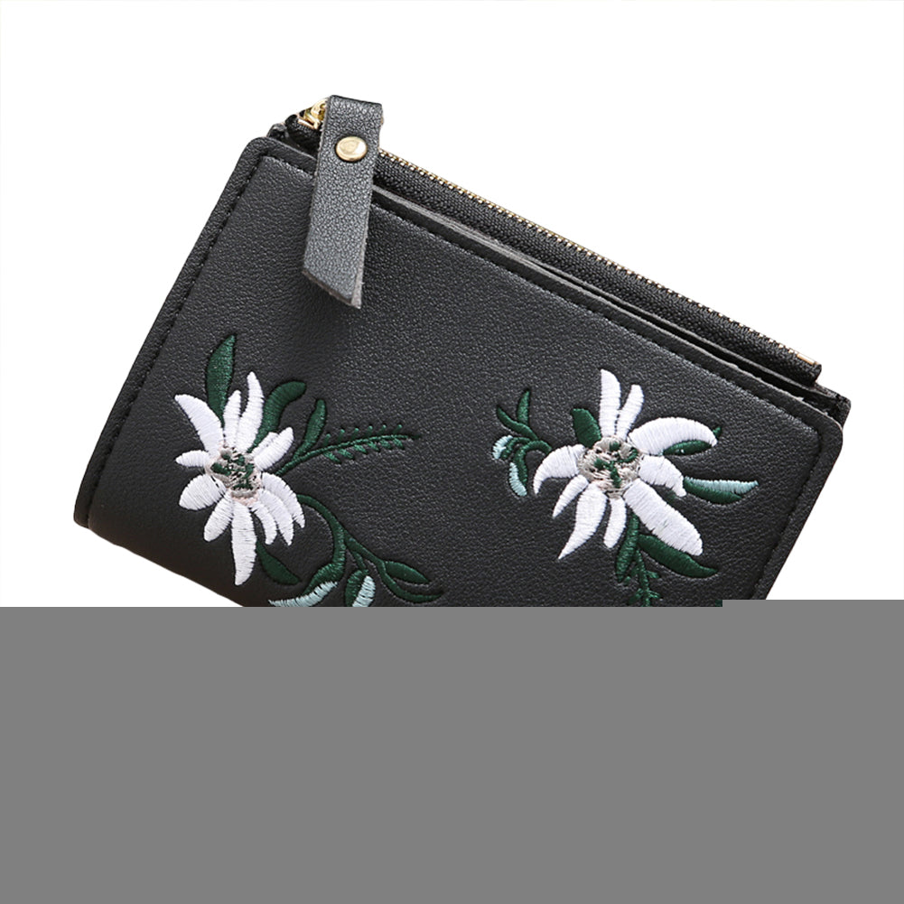 Embroidery Flower Faux Leather Women Girl Coin Purse Card Holder Short Wallet