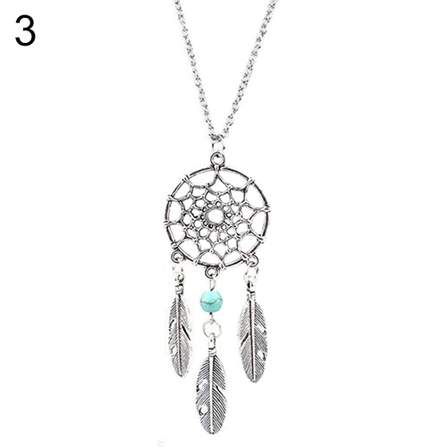 Women Ethnic Turquoise Feather Wing Pendant Dream Catcher Charm Chain Necklace
