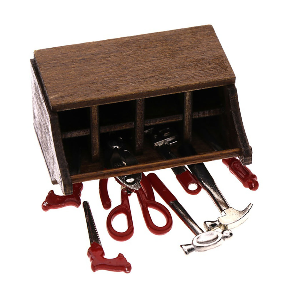 Miniature Wooden Box with Metal Tool Set Collection for 1/12 Dollhouse Decor