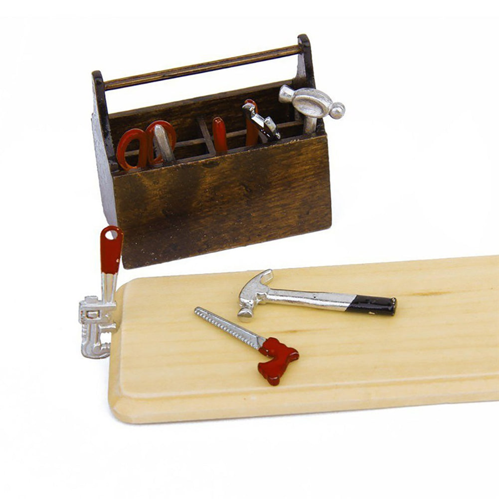 Miniature Wooden Box with Metal Tool Set Collection for 1/12 Dollhouse Decor