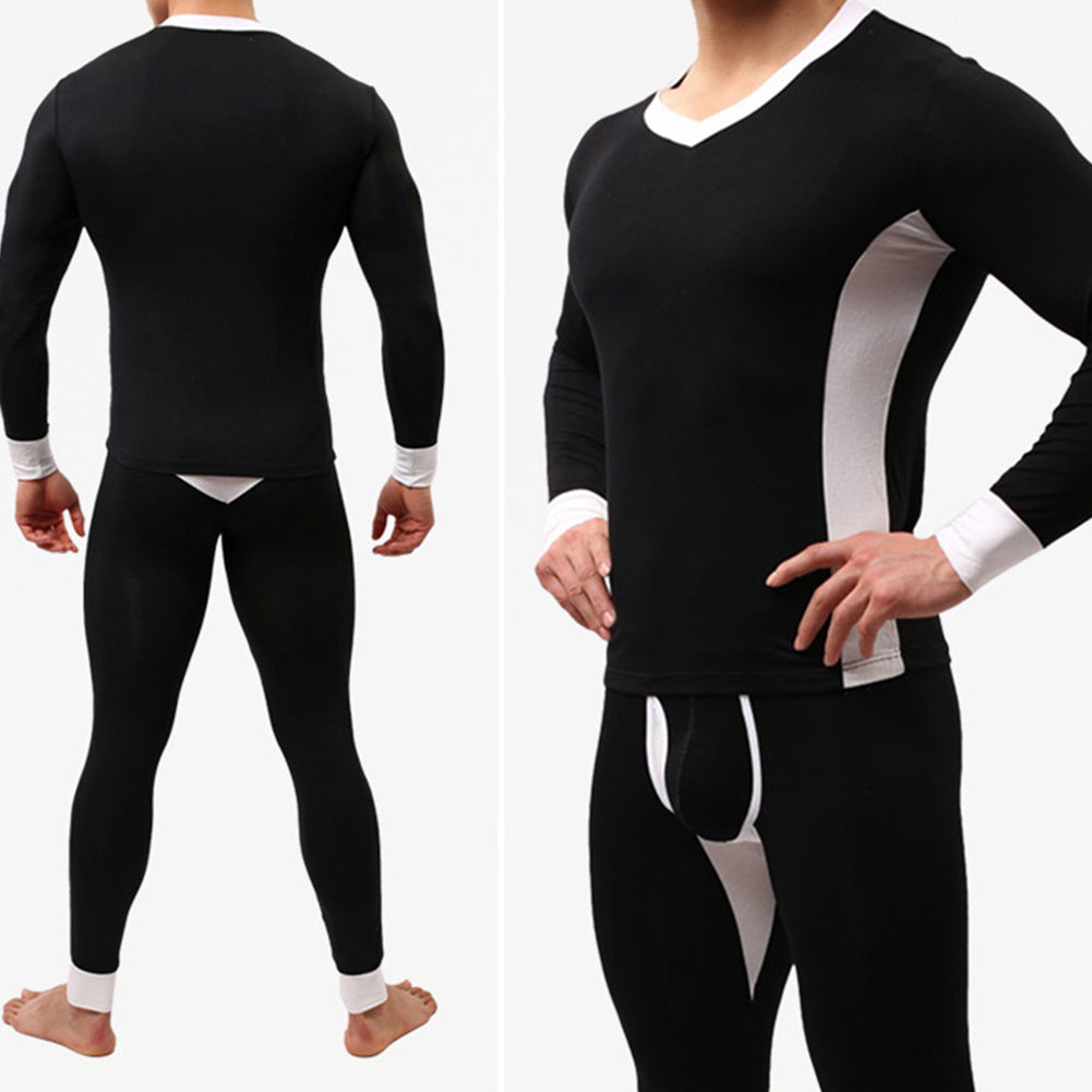 Winter Men Ultra Soft Color Block Thermal Underwear Set Top T-Shirt + Long Pants