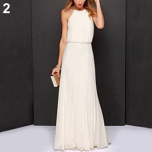 Women Fashion Sexy Solid Sleeveless Halter Pleated Casual Long Dress Sundress