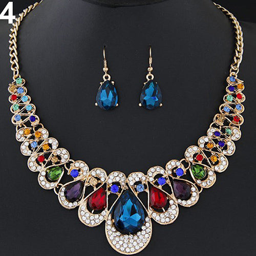 Women Fashion Rhinestone Waterdrop Pendant Necklace Shiny Earrings Jewelry Set