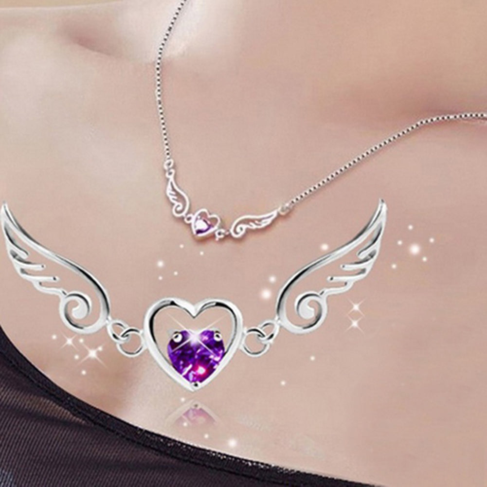 Women Fashion Angel Love Hollow Heart Shiny Rhinestone Wing Pendant Necklace