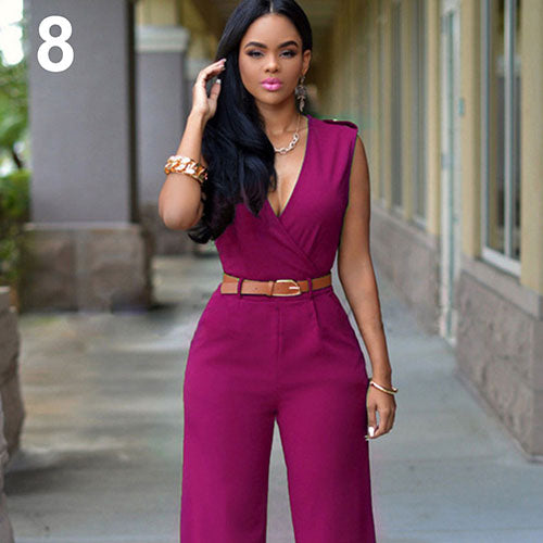Women Sleeveless V-Neck High Waist Wide Leg Romper Pants Jumpsuit with Belt