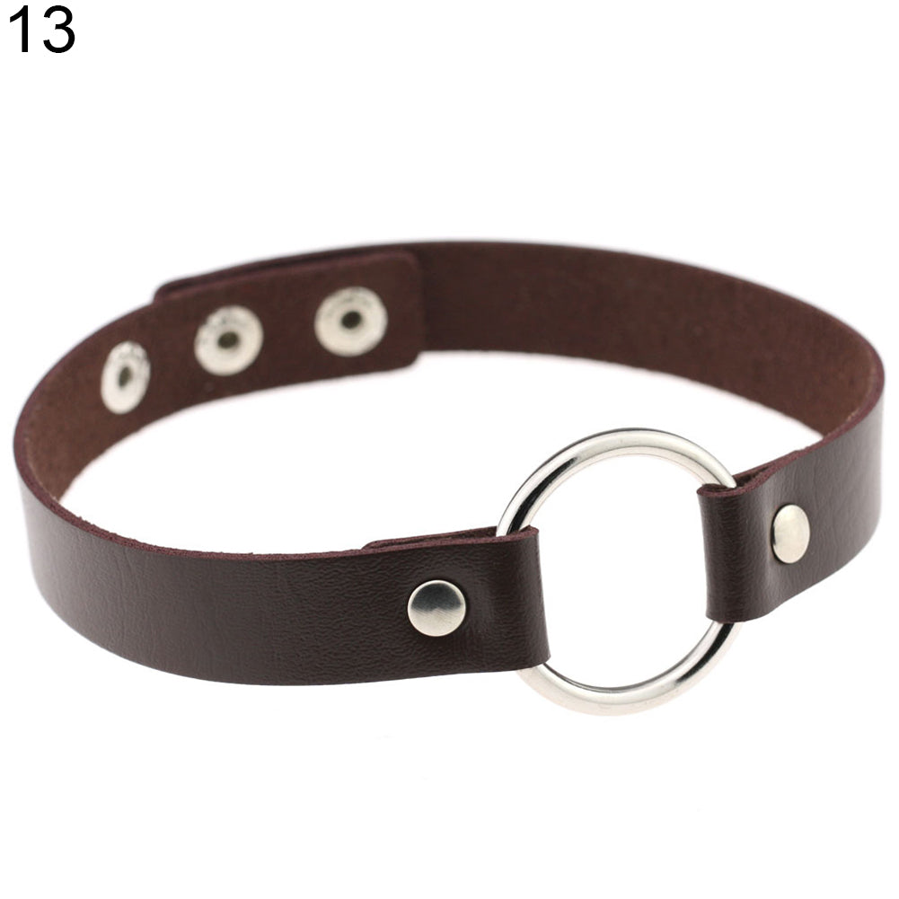 Women Fashion Punk Choker O-Ring Faux Leather Rivets Collar Short Necklace