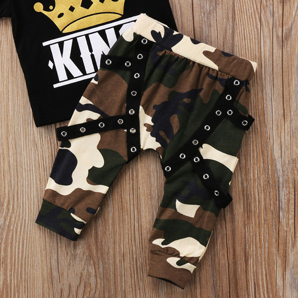 Newborn Kids Baby Boys King Crown Print T-Shirt Top Camo Pants Summer Outfit Set