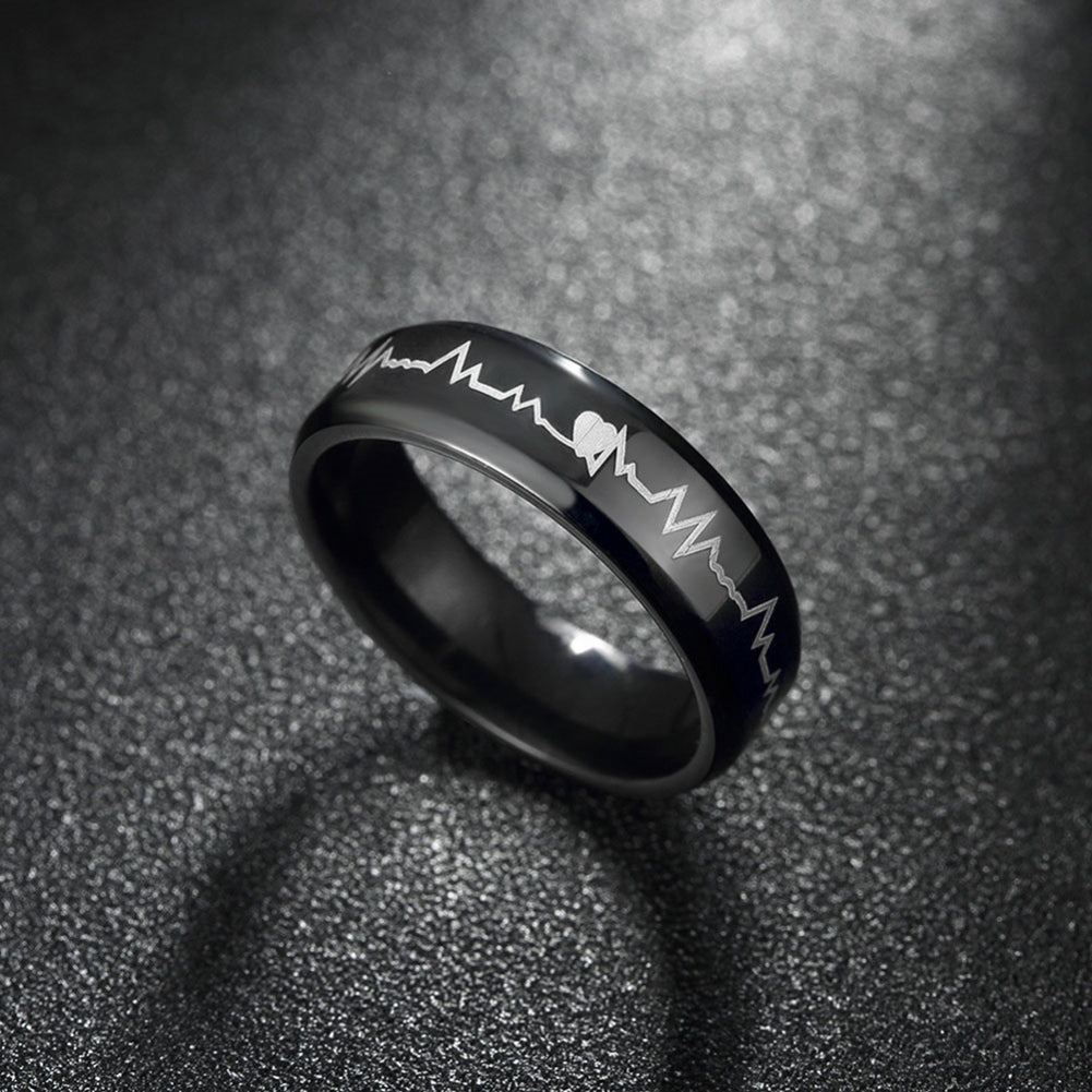 Glow in The Dark Heart Rate Electrocardiogram Stainless Steel Couple Finger Ring