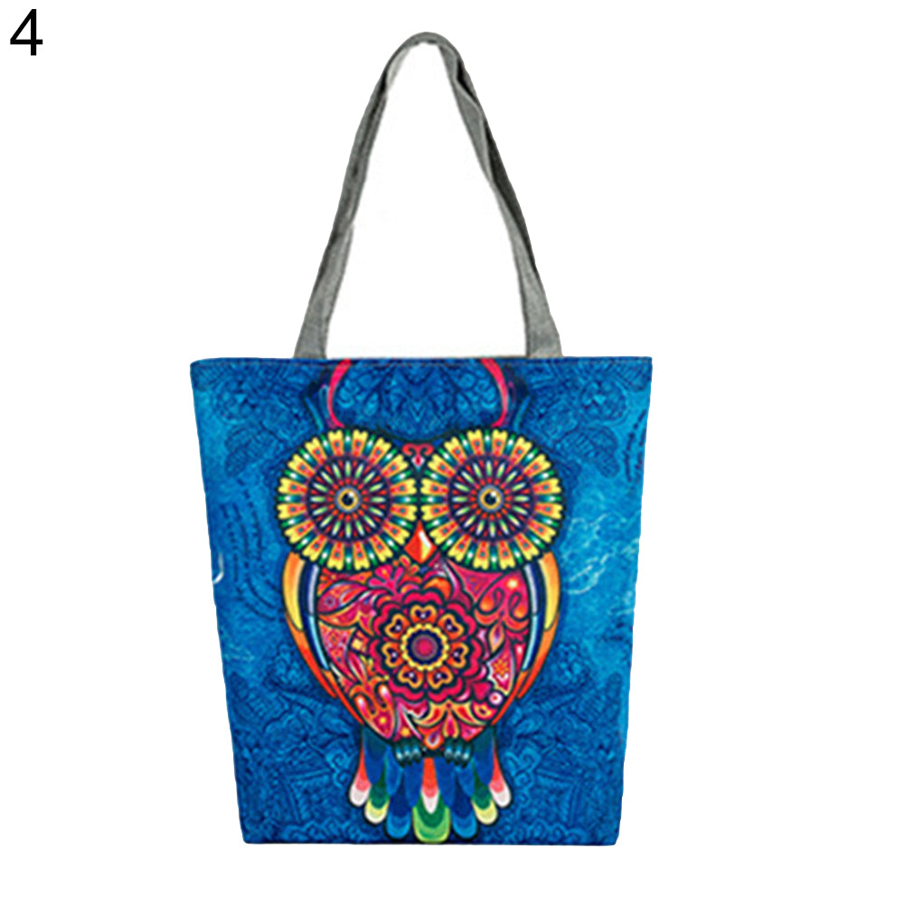 Cute Owl Floral Printed Canvas Tote Bag Women Casual Large Capacity Handbags