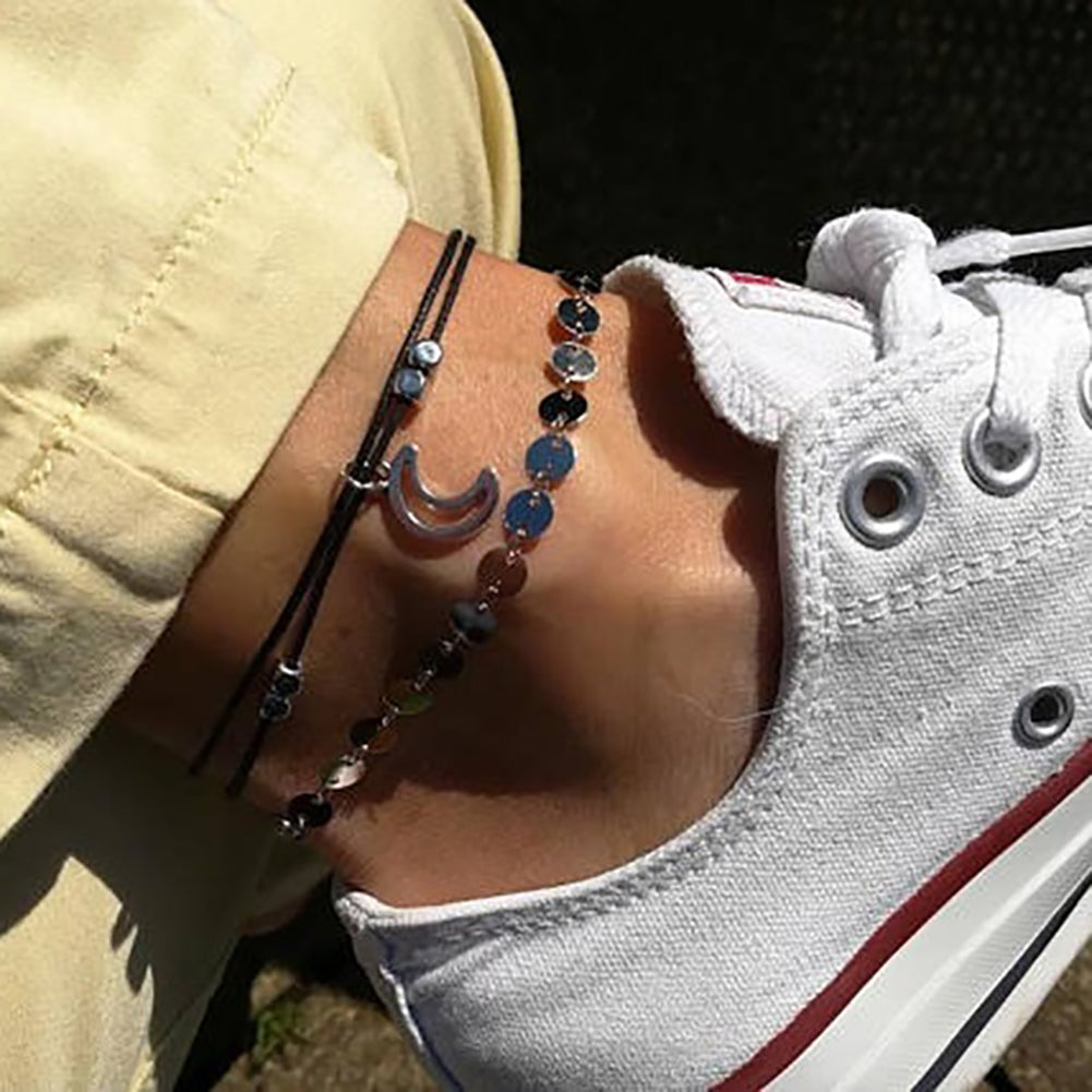 2Pcs/Set Boho Moon Beaded Anklet Sequins Beach Summer Ankle Bracelet Foot Chain