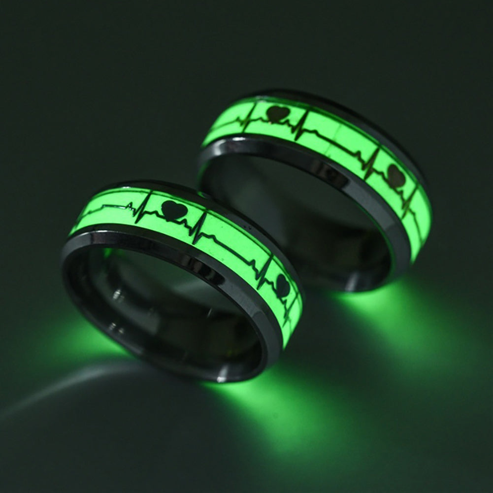 Glow in The Dark Heart Rate Electrocardiogram Stainless Steel Couple Finger Ring