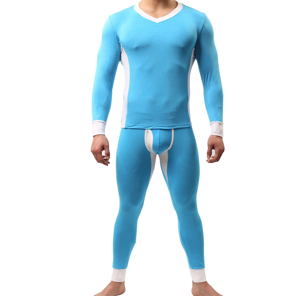 Winter Men Ultra Soft Color Block Thermal Underwear Set Top T-Shirt + Long Pants
