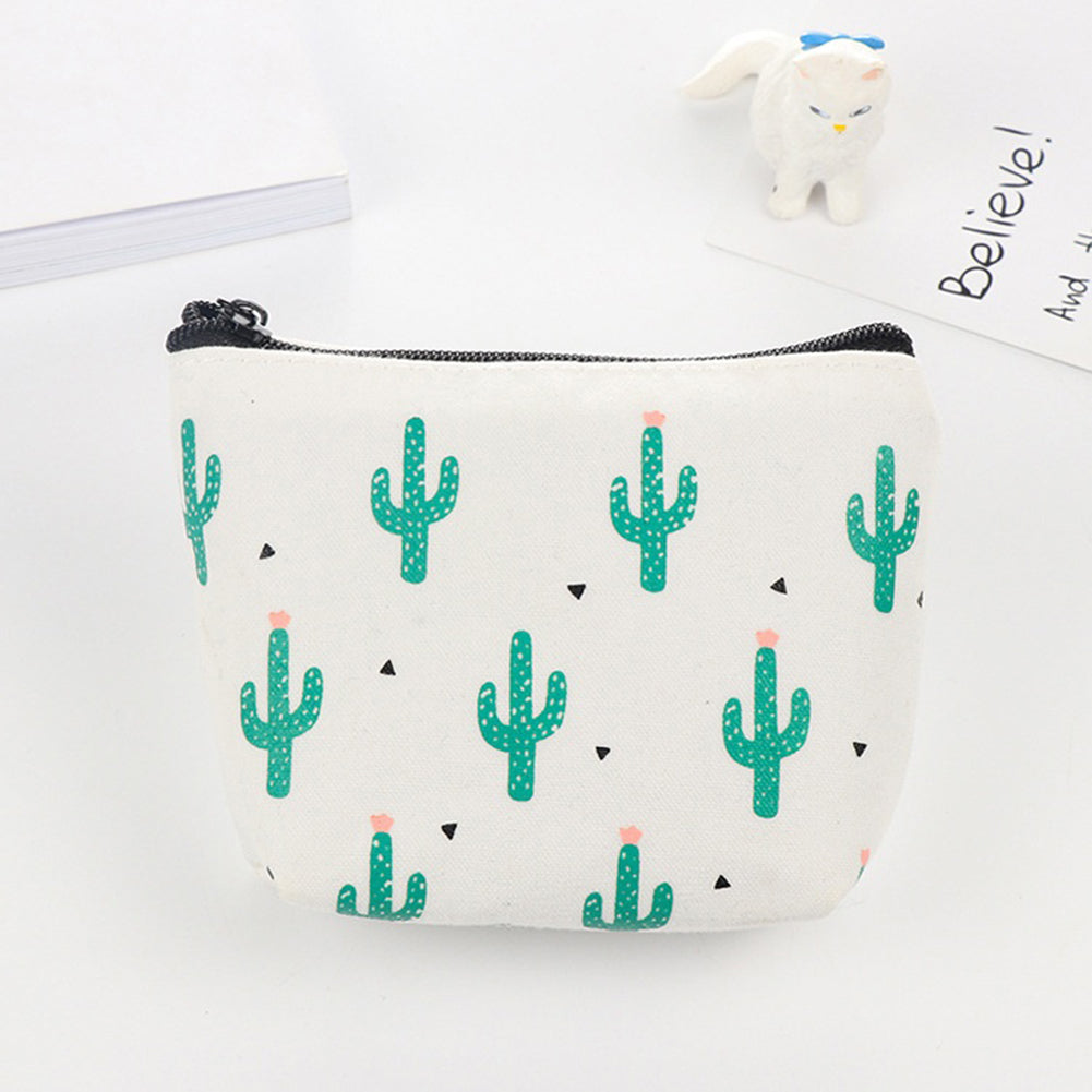 Green Cactus Print Canvas Coin Purse Mini Card Holder Zipper Pouch Wallet