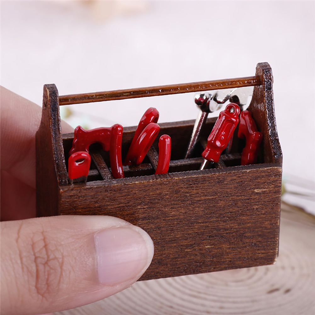Miniature Wooden Box with Metal Tool Set Collection for 1/12 Dollhouse Decor