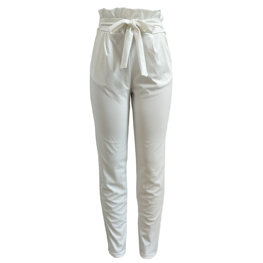 Women Casual Solid Color Trousers Waist Belt Ruffled Waist Long Pencil Pants