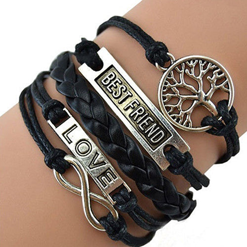 Women Fashion Faux Leather Bangle Best Friend Infinity Handmade Wristband Bracelet
