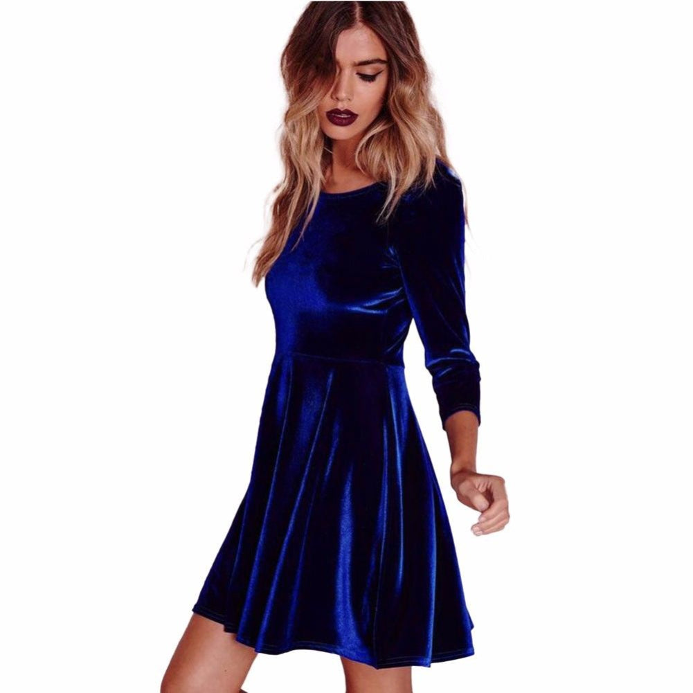 Winter Women Solid Color Long Sleeve Velvet Swing Party Evening Slim Mini Dress
