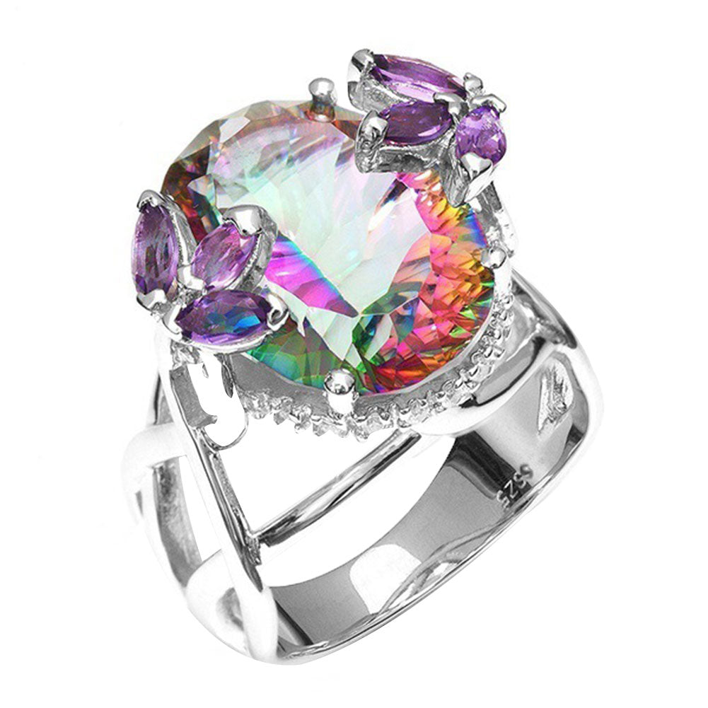 Women Fashion Rainbow Cubic Zirconia Inlaid Princess Rings Jewelry Party Gifts