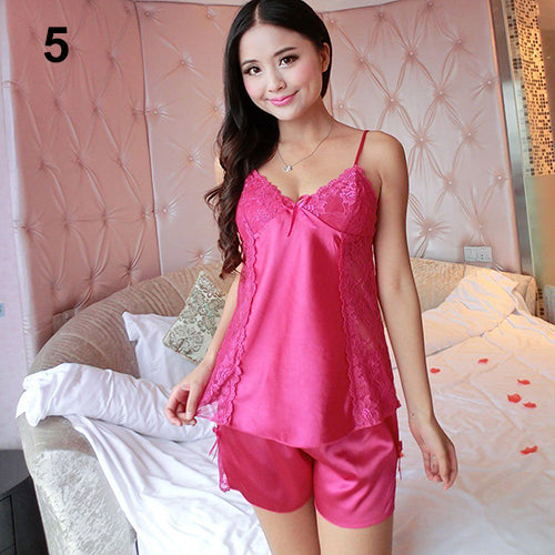 Women Sexy Spaghetti Strap V-neck Lace Top + Short Sleepwear Set Nighewear