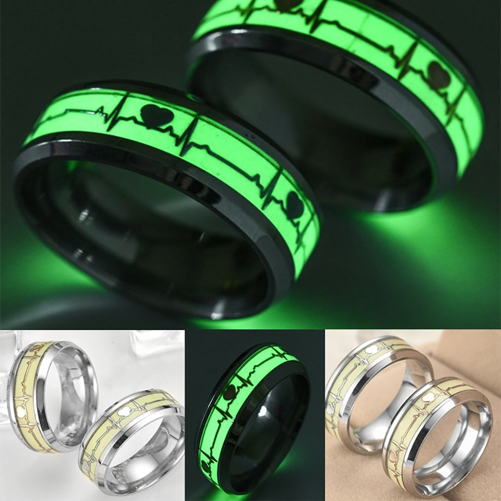 Glow in The Dark Heart Rate Electrocardiogram Stainless Steel Couple Finger Ring