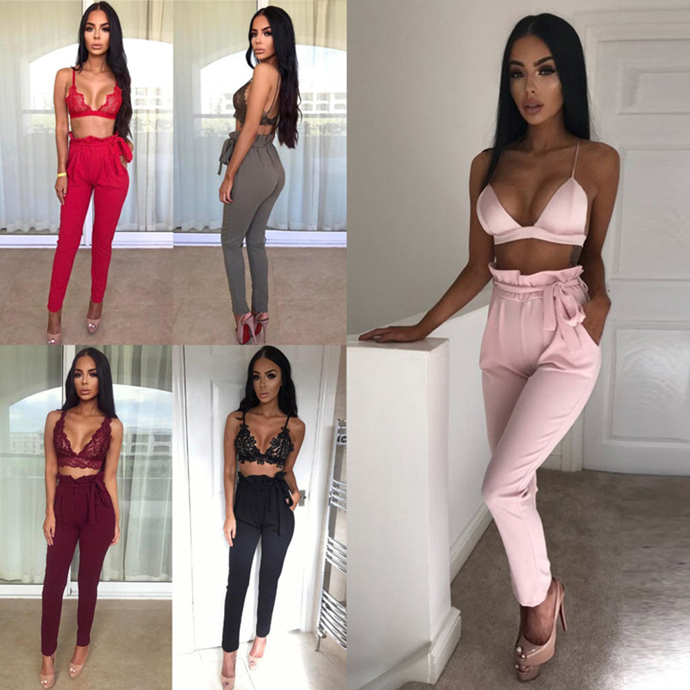 Women Casual Solid Color Trousers Waist Belt Ruffled Waist Long Pencil Pants