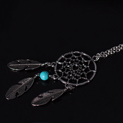Women Ethnic Turquoise Feather Wing Pendant Dream Catcher Charm Chain Necklace