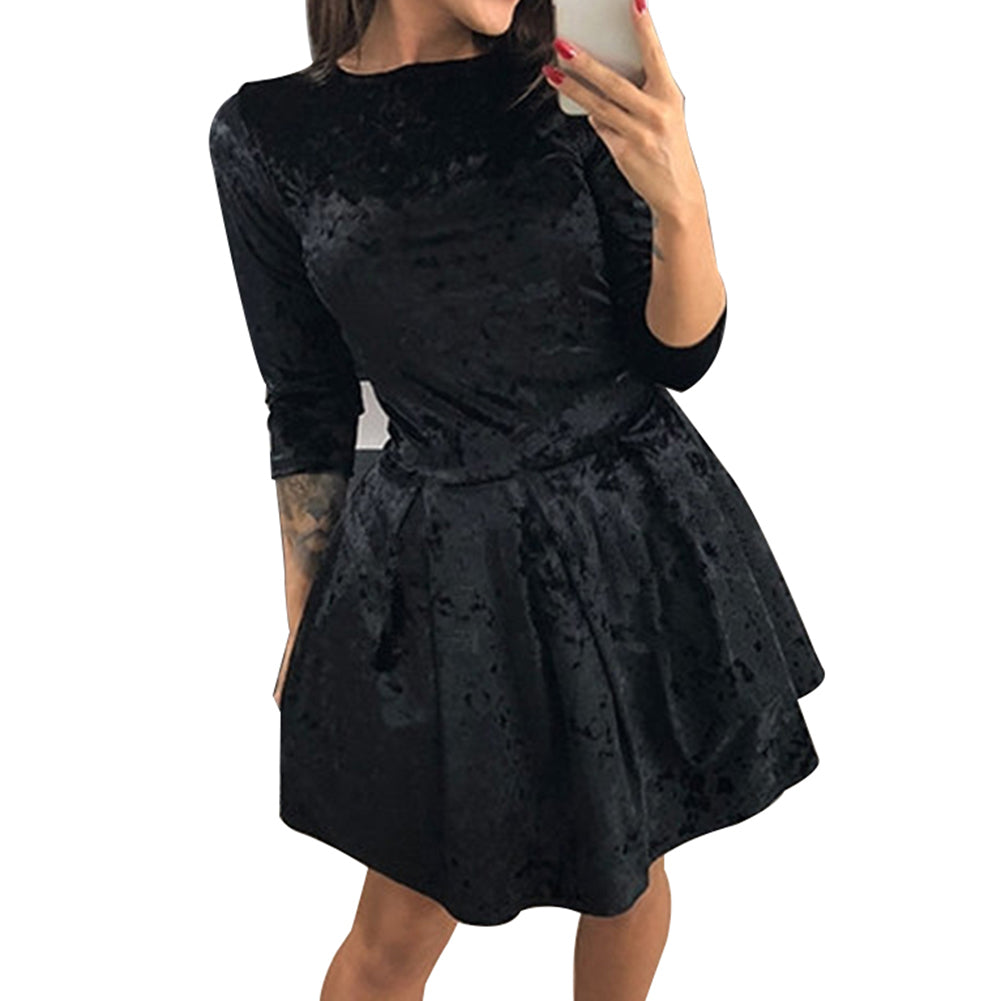 Winter Three-quarter Sleeve Evening Party Solid Color Crushed Velour Mini Dress