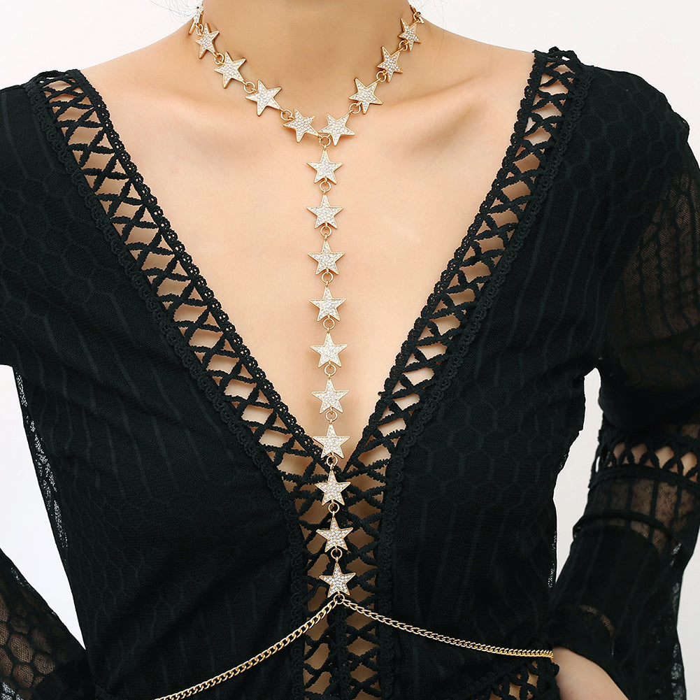 Women Fashion Night Club Party Jewelry Rhinestones Star Body Chain Necklace