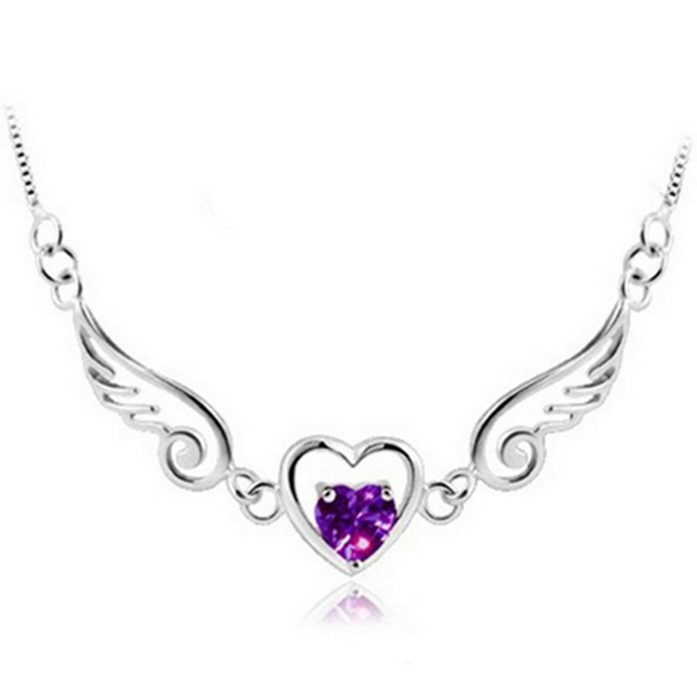 Women Fashion Angel Love Hollow Heart Shiny Rhinestone Wing Pendant Necklace