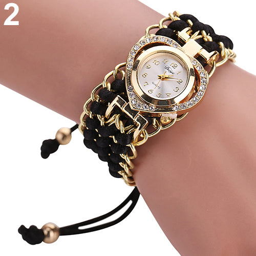 Women Fashion Love Heart Shiny Rhinestone Braid Band Analog Quartz Wrist Watch