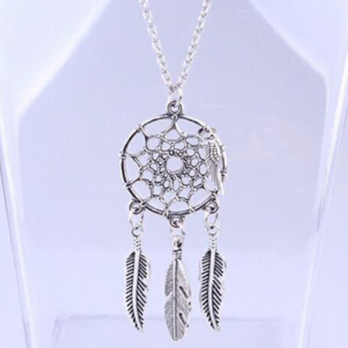 Women Ethnic Turquoise Feather Wing Pendant Dream Catcher Charm Chain Necklace