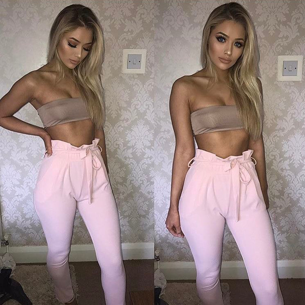 Women Casual Solid Color Trousers Waist Belt Ruffled Waist Long Pencil Pants